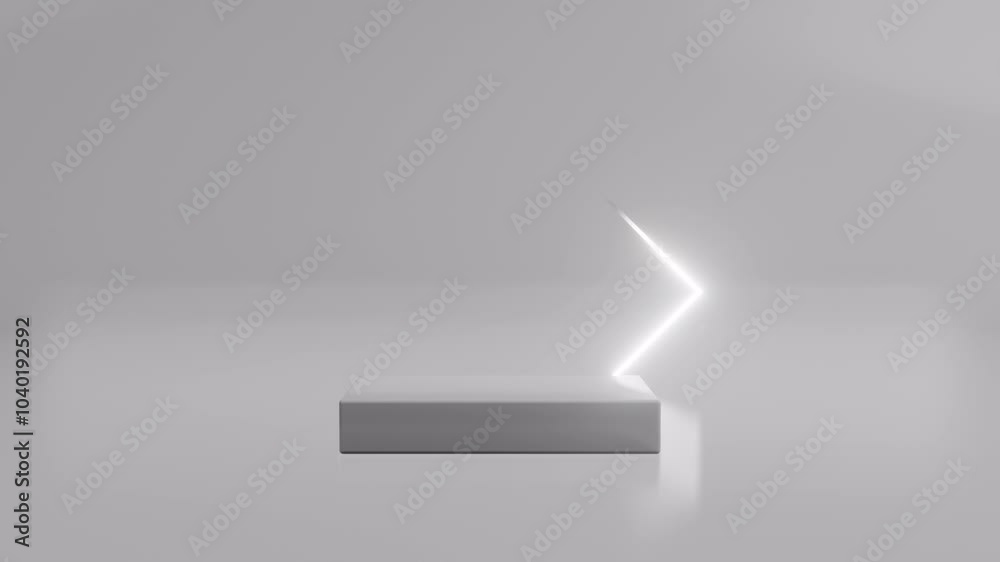 Poster podium with a bright white square in rotation swirling around glowing on white background. futuristi