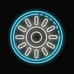 Glowing neon icon of a car wheel rim with spokes is isolated on a black background