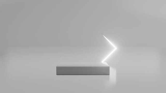 Podium with a bright white square in rotation swirling around glowing on white background. Futuristic showcase with platform for product display. Presentation on empty stage. 3d animation loop 4K