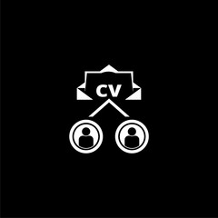 CV application. Searching professional staff icon isolated on black background.