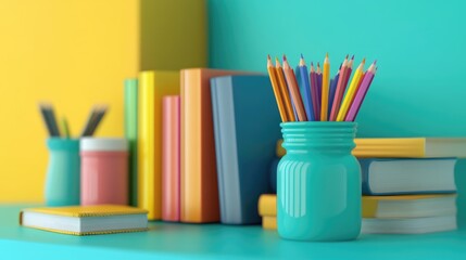 Fototapeta premium Stacked books, pencil jars, colored pencils in 3D isolated 