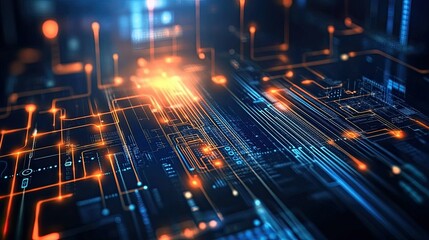 High-tech digital interface with glowing data streams, ideal for AI technology themes. Copy space available