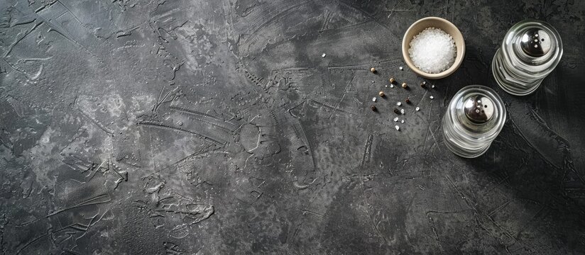 Grey table with salt and pepper shakers top view for copy space image