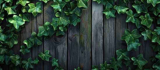 Fototapeta premium Lush green ivy leaves enveloping an aged rustic garden fence creating a natural background texture suitable for a copy space image