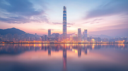 Obraz premium A futuristic cityscape of Shenzhen at night, where towering skyscrapers and advanced technology dominate the skyline. Neon lights illuminate the buildings, casting long shadows over the serene water 