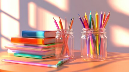 Obraz premium Stacked books, pencil jars, colored pencils in 3D isolated 