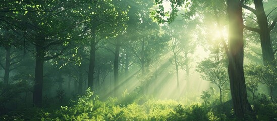 Fototapeta premium Sunlight filtering through trees in a summer forest with room for text or other elements included in the peaceful natural scene. Copy space image. Place for adding text and design