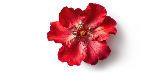 Top view of a red Rosa Chinensis on a white isolated background with clipping path for a banner featuring copy space image