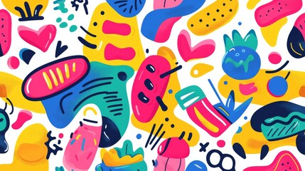 Vibrant creative doodle art seamless pattern showcasing a variety of playful shapes and textures in a collage style for imaginative designs