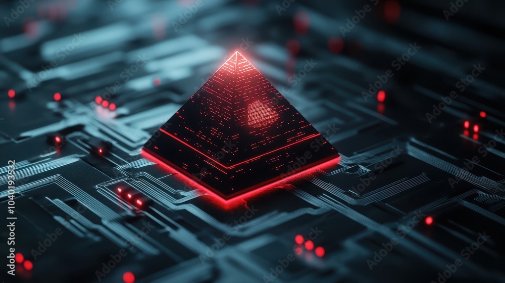 Poster futuristic pyramid structure illuminated by neon lights on a digital circuit board