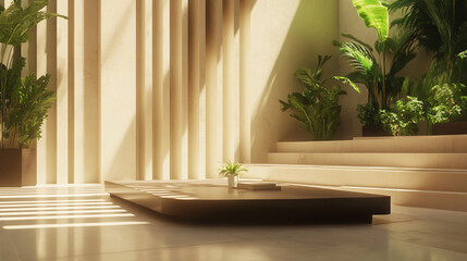 Minimalist corner with a low coffee table and a group of indoor plants