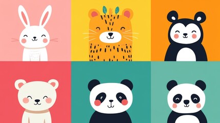 Naklejka premium Adorable animal portraits featuring a rabbit, tiger, panda, and friends for children's fabric and decor