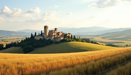 Fototapeta premium Elegant castle overlooking golden fields under a clear sky