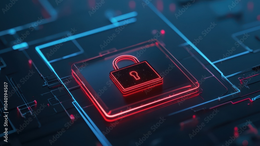 Poster Cybersecurity lock icon on digital circuit board background a representation of data protection and privacy