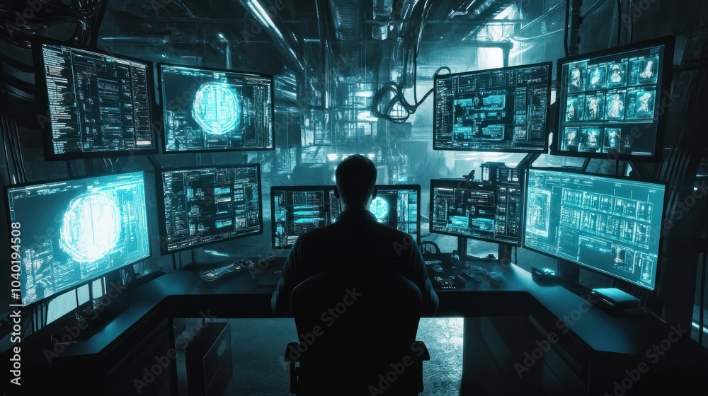 Poster system administrator working in a dark research facility on a computer with multiple displays
