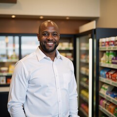 Fototapeta premium Smiling African American male working as a store manager at a health food shop