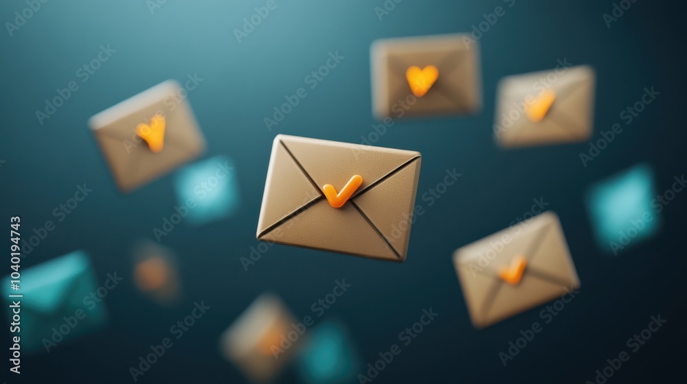 Poster Floating envelopes with checkmarks symbolizing completed tasks and communication efficiency