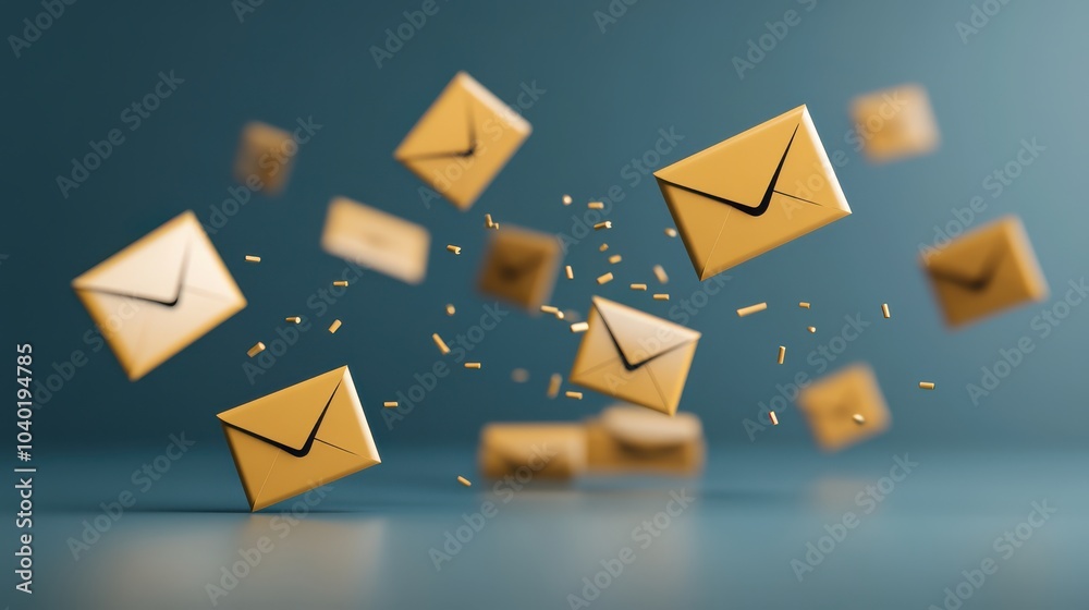 Poster Dynamic flight of yellow envelopes representing email communication in the digital age