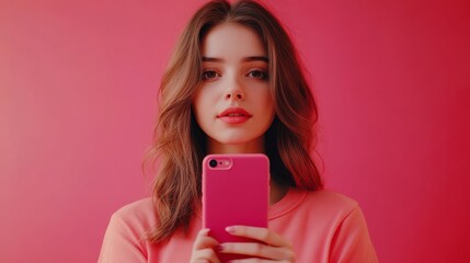 Naklejka premium A young beautiful woman with a phone on a bright uniform background