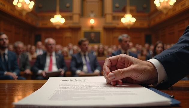 Close-up of a hand holding a policy document with an attentive audience at a formal meeting
