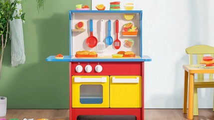 Obraz premium Colorful wooden toy kitchen set with stove, oven, and accessories.
