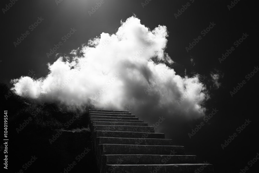 Poster a dreamlike scene of stair steps disappearing into a large cloud, conveying a sense of endless possi