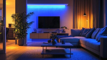 A living room with a blue couch, a coffee table, and a television