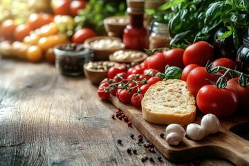 Fresh vegetables, herbs, and bread arranged neatly on a rustic wooden table in a cozy kitchen