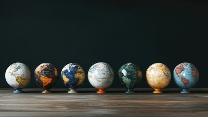 Seven different world globes in row on wooden table