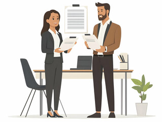 Flat Candid Business Leader Reviewing Documents Team Member Informal Professional Office Vector Illustration Smart Business Tone Capturing Responsibility Decision Making Process
