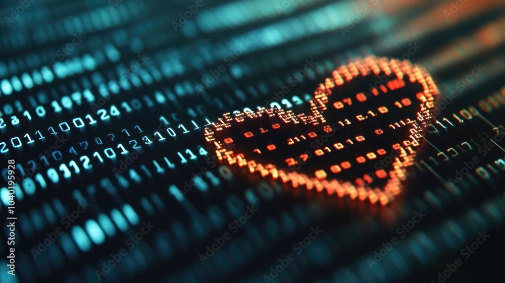 Wall mural digital heart made of binary code on screen, symbolizing technology and love