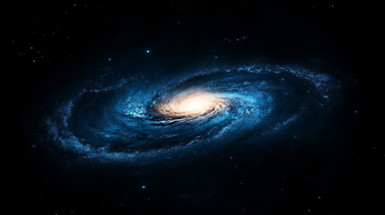 A top view from above of a blue glowing galactic spiral full of stars and nebulae, plain black background.