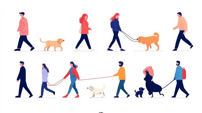 Charming day out as pet owners walk their dogs in a vibrant park setting, enjoying quality time with their beloved companions