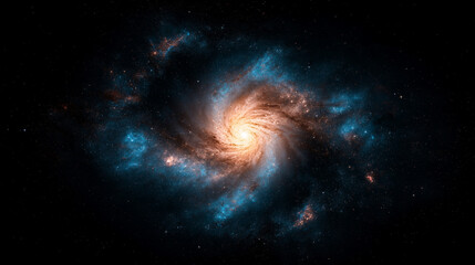 Obraz premium A top view from above of a blue glowing galactic spiral full of stars and nebulae, plain black background.