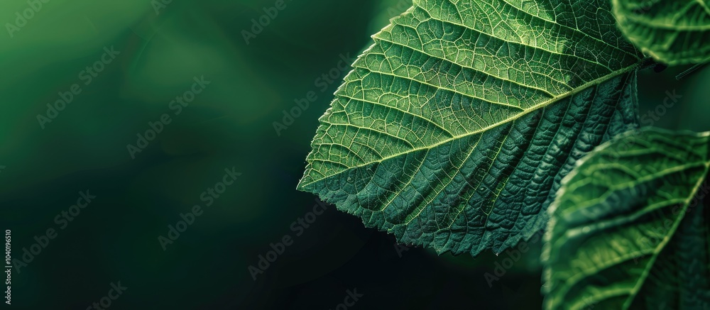 Sticker dark green leaf in focus with green backdrop and ample copy space for a background image concept