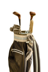 Golf bag with different metal and wooden clubs