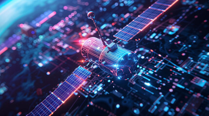 Futuristic satellite orbiting Earth with glowing circuit patterns in vibrant cyberpunk colors, featuring solar panels and communication antenna against a digital network background with bokeh effects