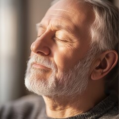 Fototapeta premium A close-up of a senior man meditating, eyes closed, in a guided meditation session for retirees