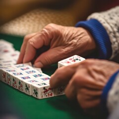 Obraz premium A close-up of a senior hand rearranging Mahjong tiles during a tournament, focusing on the game strategy