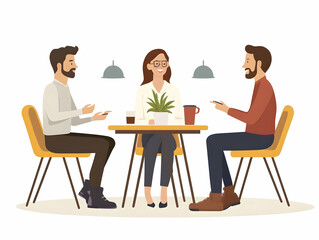 Flat Candid Coffee Break ESG Discussion Vector Illustration: Colleagues Engaging in Relaxed Conversations on Environmental Initiatives, Impromptu Exchange of Ideas, Simple Elegant Design.