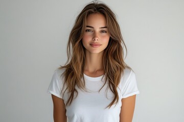 Obraz premium Young woman with long hair wearing a white t shirt in a bright indoor setting