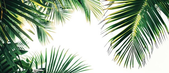 Clear white sky in the background contrasts beautifully with coconut tree leaves creating a picturesque copy space image