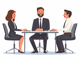 Flat vector illustration business leader negotiating meeting room candidly, showcasing authority and responsibility through body language. Well-lit space emphasizes transparency in serious discussions