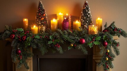 Festive Christmas fireplace mantel decorated with candles, garland, and ornaments.