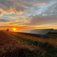 Sunrise spreading warmth across solar panel farm