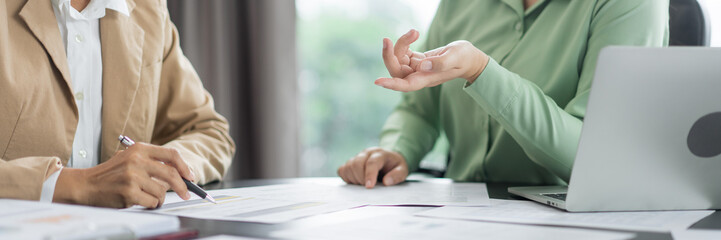 Obraz premium Alternative energy environment businesswoman explains budget of renewable energy project to partner