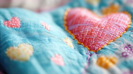 Colorful quilt with stitched hearts on blue background