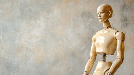 Wooden artist mannequin with neutral backdrop, in relaxed pose