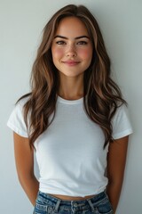 Fototapeta premium Portrait of a young woman with long hair wearing a plain white t shirt against a neutral background