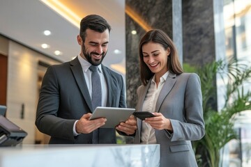 Business man and woman in suits smiling while using a tablet office modern professionals.